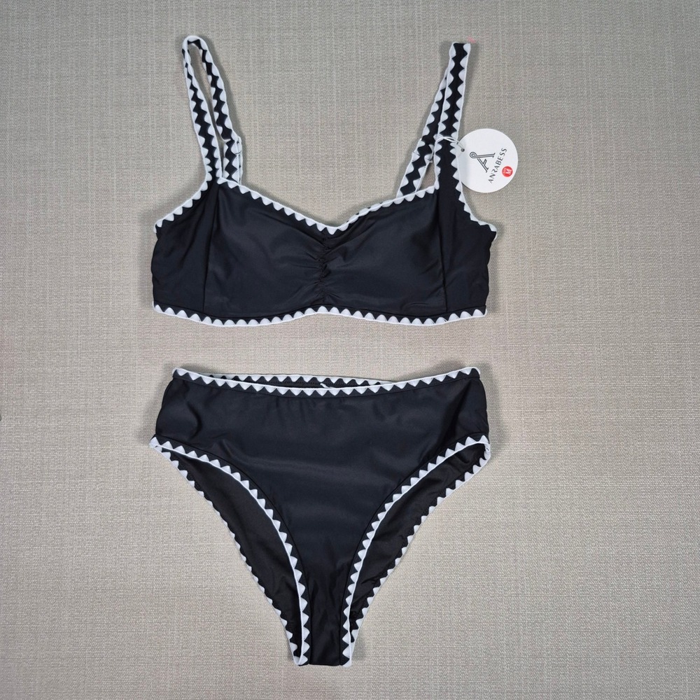 Anrabess Womens Black Scalloped Trim Mid Waisted Two Piece Bikini Set Size M NEW